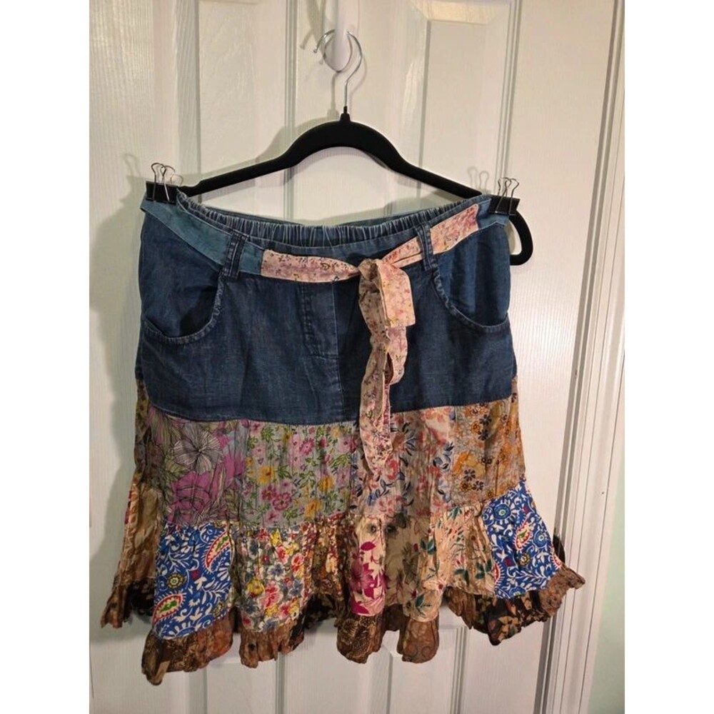 Young Threads XL Denim Floral Patchwork Tiered Boho Skirt NWT